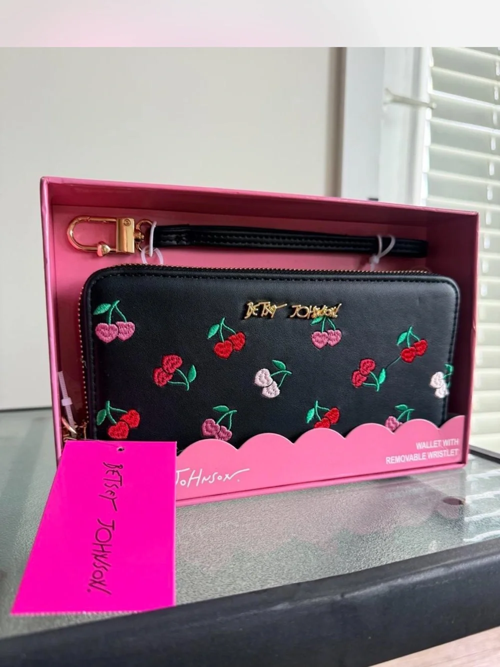 Betsey Johnson Black Cherry Embroidered Zip-Around Wristlet Wallet
